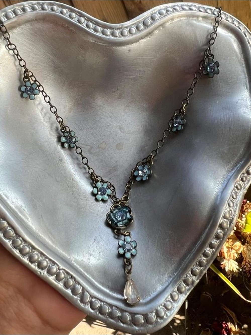 AVON | Delicate Floral Drop Necklace in Antique Bronze with Pale Blue Enamel